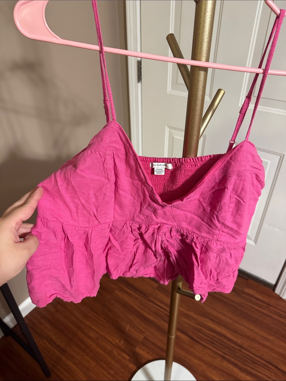 American Eagle Outfitters Hot Pink Ruched Spaghetti Strap Cropped Camisole